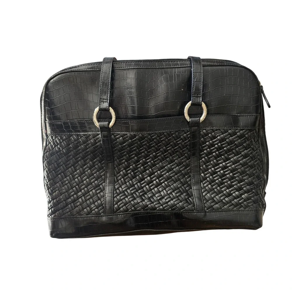 Coldwater Creek Black Woven Croc Embossed Laptop Bag Business Tote Briefcase